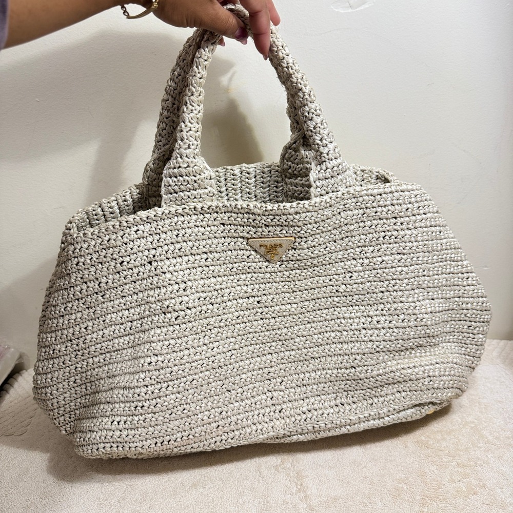 Prada Women's Ivory Crochet Raffia Large Tote Bag Gold Logo